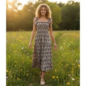 Hill House Home The Ellie Nap Dress Paisley Smocked Tiered Midi Dress Teal Red